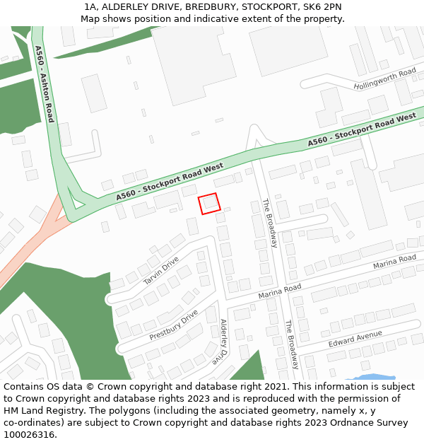 1A, ALDERLEY DRIVE, BREDBURY, STOCKPORT, SK6 2PN: Location map and indicative extent of plot