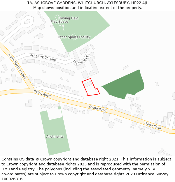 1A, ASHGROVE GARDENS, WHITCHURCH, AYLESBURY, HP22 4JL: Location map and indicative extent of plot