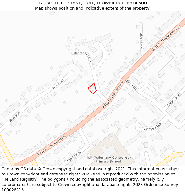 1A, BECKERLEY LANE, HOLT, TROWBRIDGE, BA14 6QQ: Location map and indicative extent of plot
