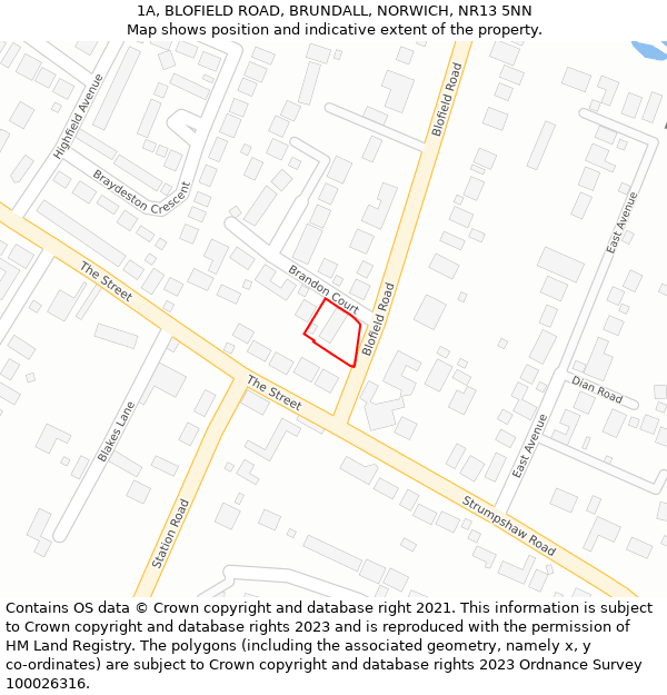 1A, BLOFIELD ROAD, BRUNDALL, NORWICH, NR13 5NN: Location map and indicative extent of plot