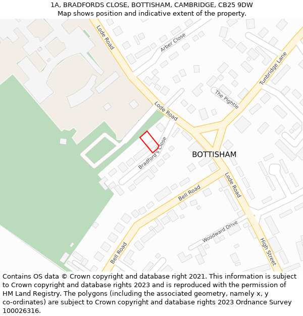 1A, BRADFORDS CLOSE, BOTTISHAM, CAMBRIDGE, CB25 9DW: Location map and indicative extent of plot
