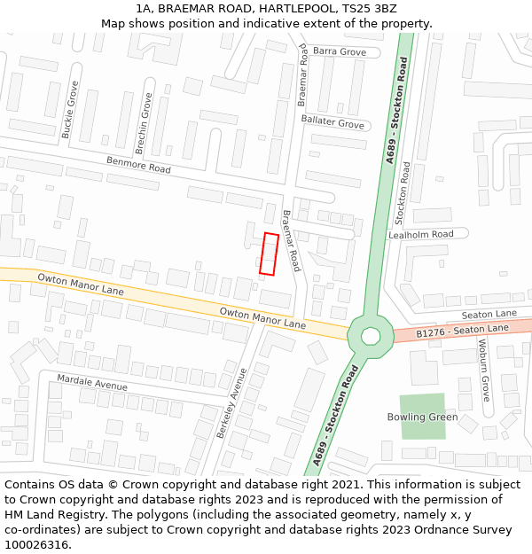 1A, BRAEMAR ROAD, HARTLEPOOL, TS25 3BZ: Location map and indicative extent of plot