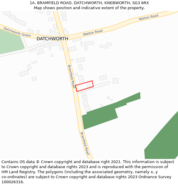 1A, BRAMFIELD ROAD, DATCHWORTH, KNEBWORTH, SG3 6RX: Location map and indicative extent of plot