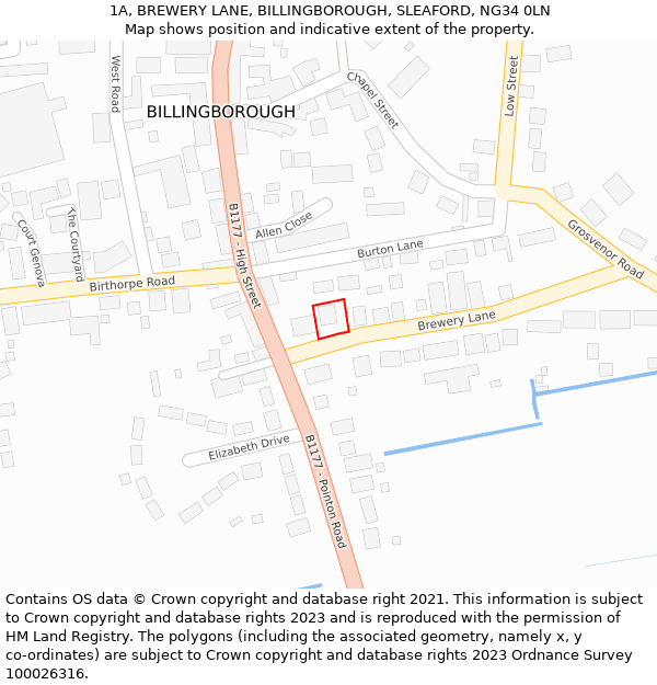 1A, BREWERY LANE, BILLINGBOROUGH, SLEAFORD, NG34 0LN: Location map and indicative extent of plot