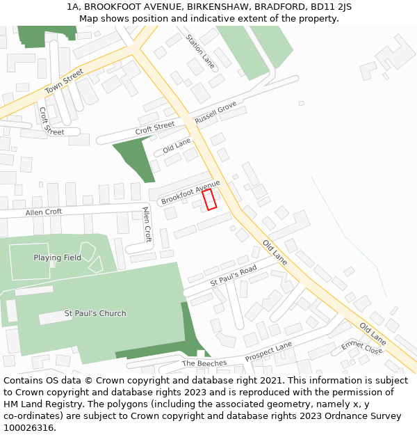 1A, BROOKFOOT AVENUE, BIRKENSHAW, BRADFORD, BD11 2JS: Location map and indicative extent of plot