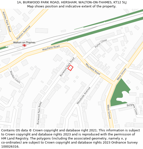 1A, BURWOOD PARK ROAD, HERSHAM, WALTON-ON-THAMES, KT12 5LJ: Location map and indicative extent of plot