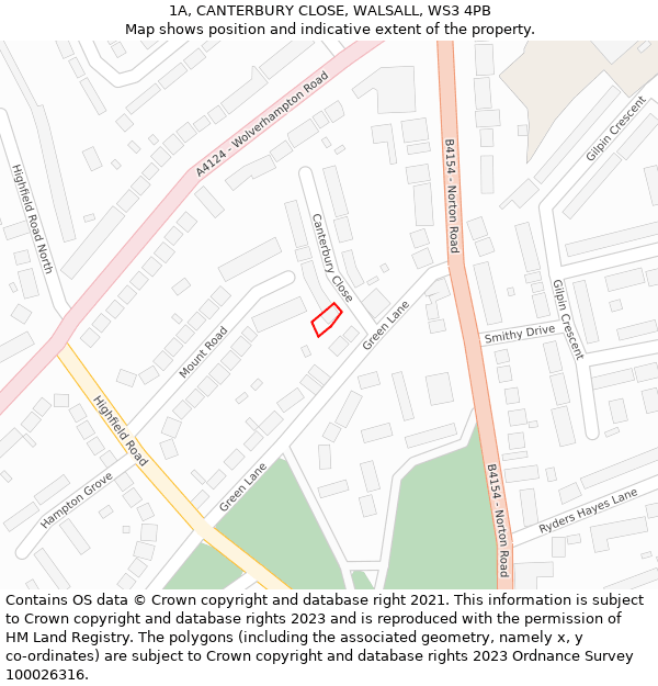 1A, CANTERBURY CLOSE, WALSALL, WS3 4PB: Location map and indicative extent of plot