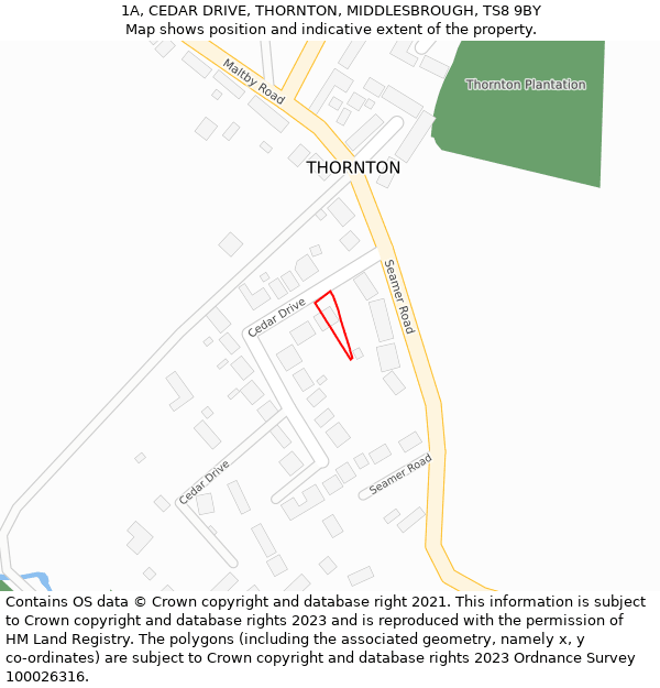 1A, CEDAR DRIVE, THORNTON, MIDDLESBROUGH, TS8 9BY: Location map and indicative extent of plot