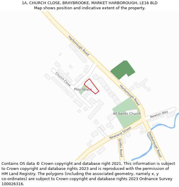 1A, CHURCH CLOSE, BRAYBROOKE, MARKET HARBOROUGH, LE16 8LD: Location map and indicative extent of plot