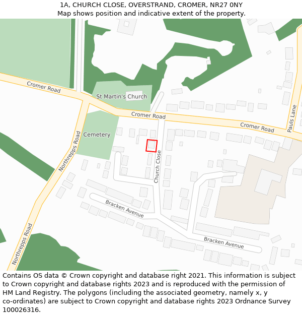 1A, CHURCH CLOSE, OVERSTRAND, CROMER, NR27 0NY: Location map and indicative extent of plot