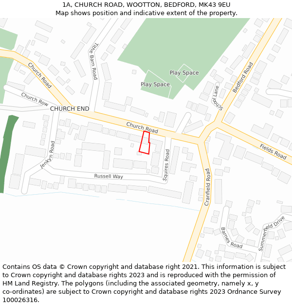 1A, CHURCH ROAD, WOOTTON, BEDFORD, MK43 9EU: Location map and indicative extent of plot