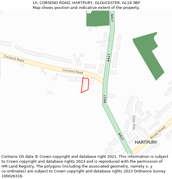1A, CORSEND ROAD, HARTPURY, GLOUCESTER, GL19 3BP: Location map and indicative extent of plot