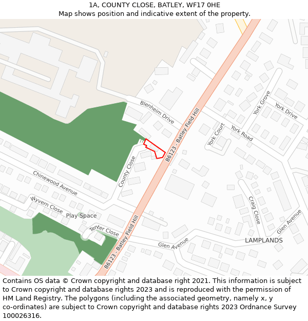 1A, COUNTY CLOSE, BATLEY, WF17 0HE: Location map and indicative extent of plot