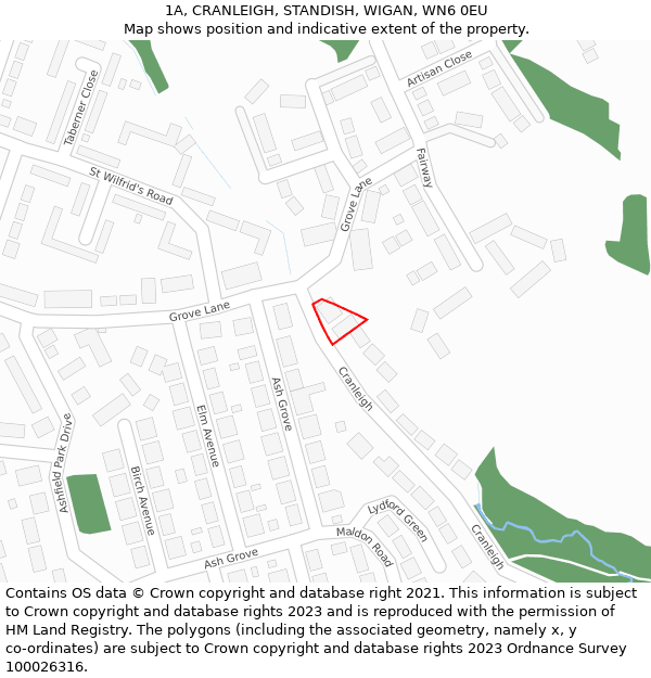 1A, CRANLEIGH, STANDISH, WIGAN, WN6 0EU: Location map and indicative extent of plot