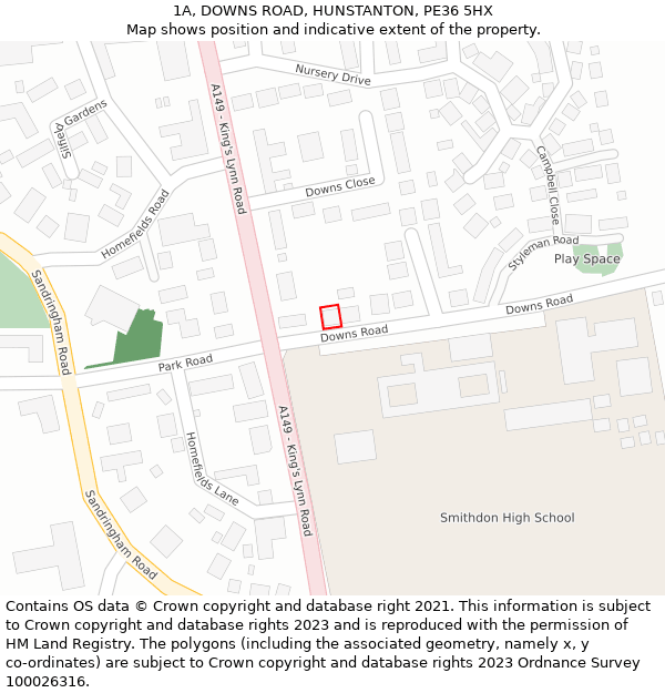 1A, DOWNS ROAD, HUNSTANTON, PE36 5HX: Location map and indicative extent of plot