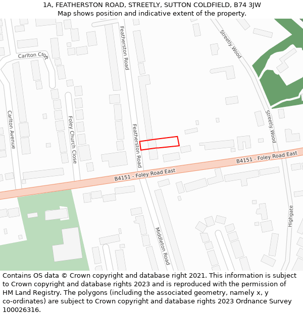 1A, FEATHERSTON ROAD, STREETLY, SUTTON COLDFIELD, B74 3JW: Location map and indicative extent of plot