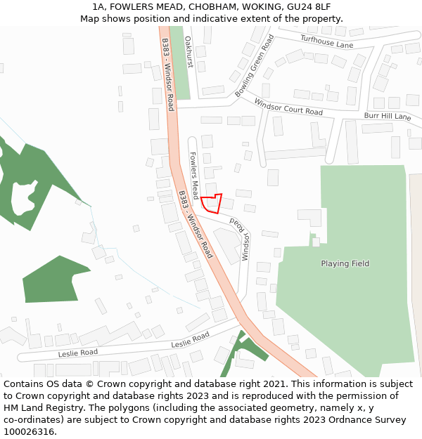 1A, FOWLERS MEAD, CHOBHAM, WOKING, GU24 8LF: Location map and indicative extent of plot