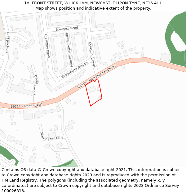 1A, FRONT STREET, WHICKHAM, NEWCASTLE UPON TYNE, NE16 4HL: Location map and indicative extent of plot