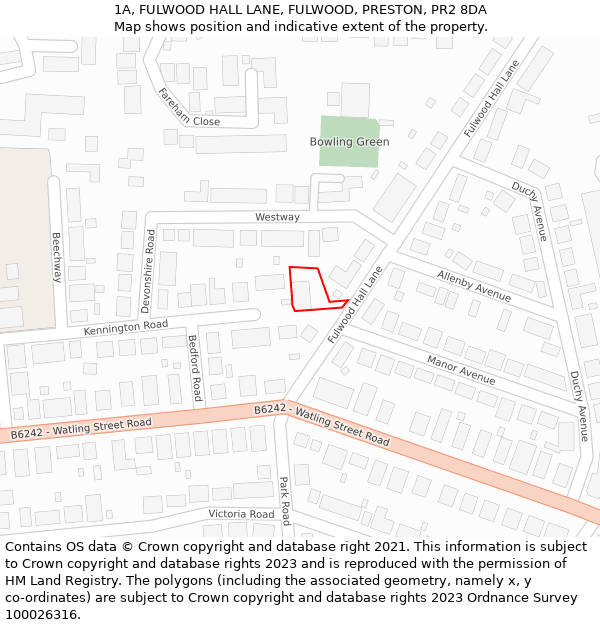 1A, FULWOOD HALL LANE, FULWOOD, PRESTON, PR2 8DA: Location map and indicative extent of plot