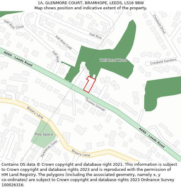 1A, GLENMORE COURT, BRAMHOPE, LEEDS, LS16 9BW: Location map and indicative extent of plot