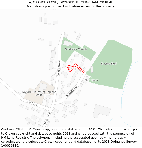 1A, GRANGE CLOSE, TWYFORD, BUCKINGHAM, MK18 4HE: Location map and indicative extent of plot