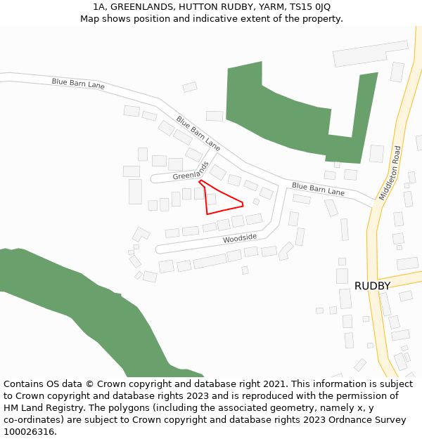 1A, GREENLANDS, HUTTON RUDBY, YARM, TS15 0JQ: Location map and indicative extent of plot