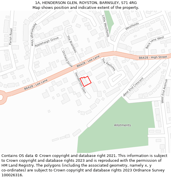 1A, HENDERSON GLEN, ROYSTON, BARNSLEY, S71 4RG: Location map and indicative extent of plot