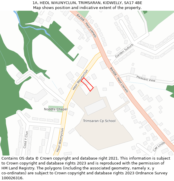 1A, HEOL WAUNYCLUN, TRIMSARAN, KIDWELLY, SA17 4BE: Location map and indicative extent of plot
