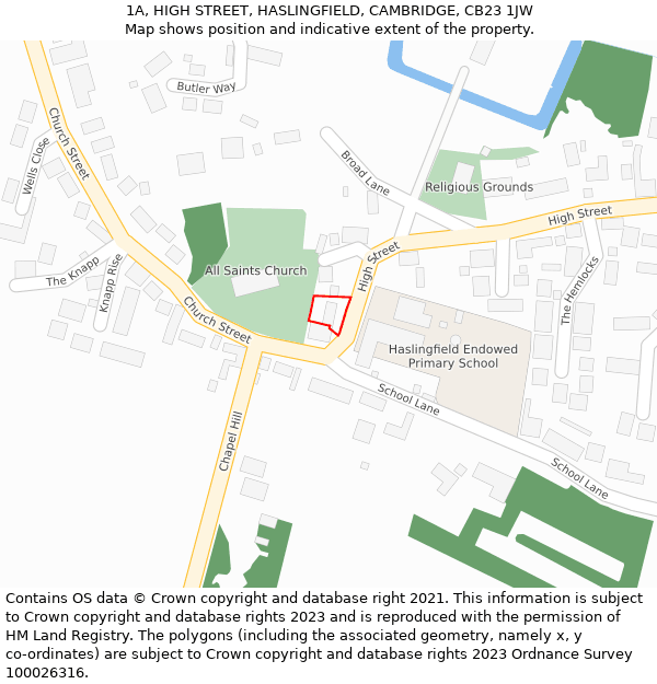 1A, HIGH STREET, HASLINGFIELD, CAMBRIDGE, CB23 1JW: Location map and indicative extent of plot