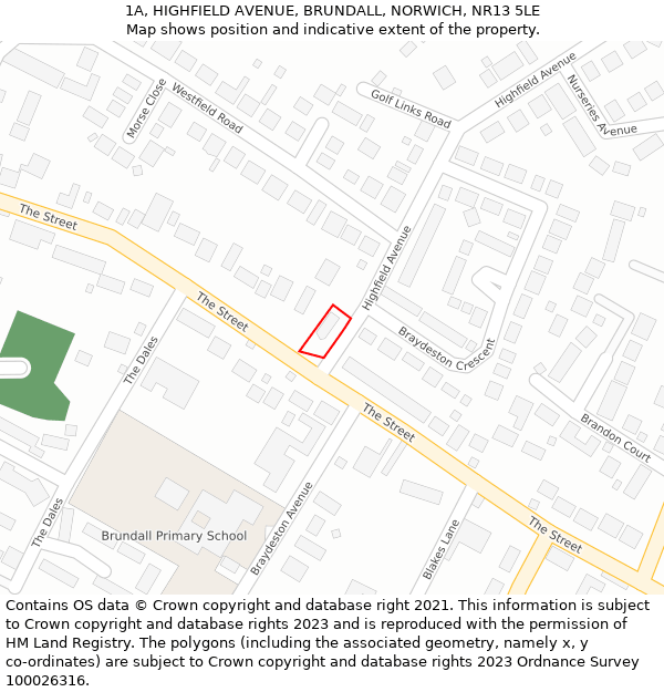 1A, HIGHFIELD AVENUE, BRUNDALL, NORWICH, NR13 5LE: Location map and indicative extent of plot