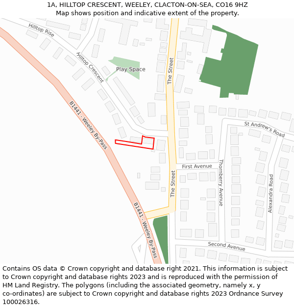 1A, HILLTOP CRESCENT, WEELEY, CLACTON-ON-SEA, CO16 9HZ: Location map and indicative extent of plot