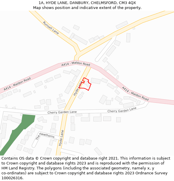 1A, HYDE LANE, DANBURY, CHELMSFORD, CM3 4QX: Location map and indicative extent of plot