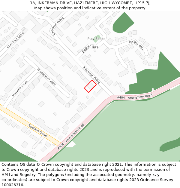 1A, INKERMAN DRIVE, HAZLEMERE, HIGH WYCOMBE, HP15 7JJ: Location map and indicative extent of plot