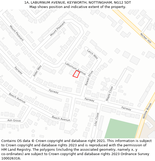 1A, LABURNUM AVENUE, KEYWORTH, NOTTINGHAM, NG12 5DT: Location map and indicative extent of plot