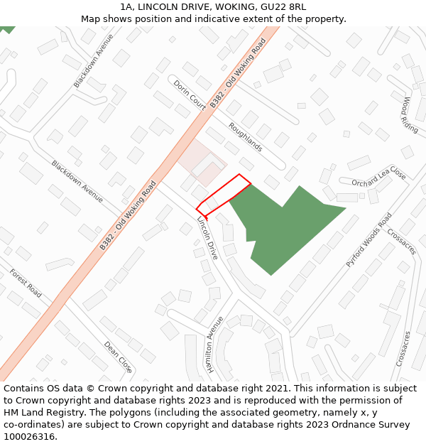 1A, LINCOLN DRIVE, WOKING, GU22 8RL: Location map and indicative extent of plot