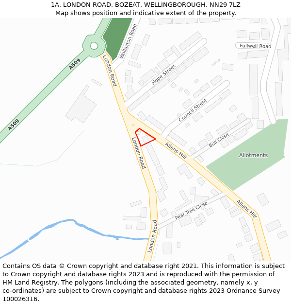 1A, LONDON ROAD, BOZEAT, WELLINGBOROUGH, NN29 7LZ: Location map and indicative extent of plot