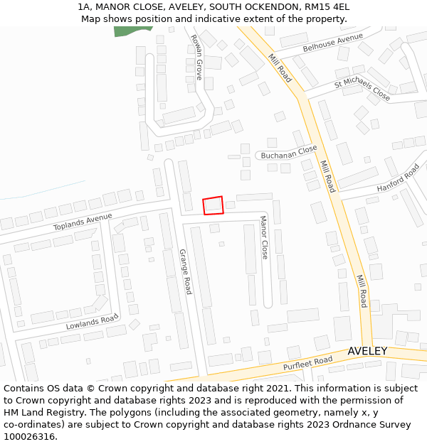 1A, MANOR CLOSE, AVELEY, SOUTH OCKENDON, RM15 4EL: Location map and indicative extent of plot