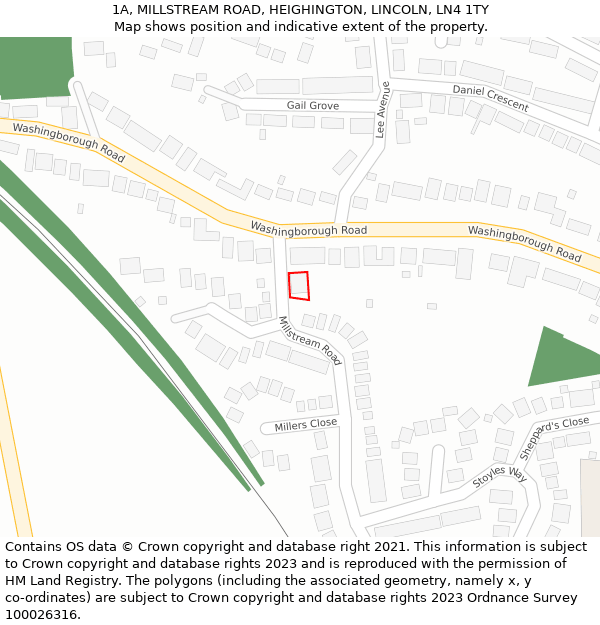 1A, MILLSTREAM ROAD, HEIGHINGTON, LINCOLN, LN4 1TY: Location map and indicative extent of plot