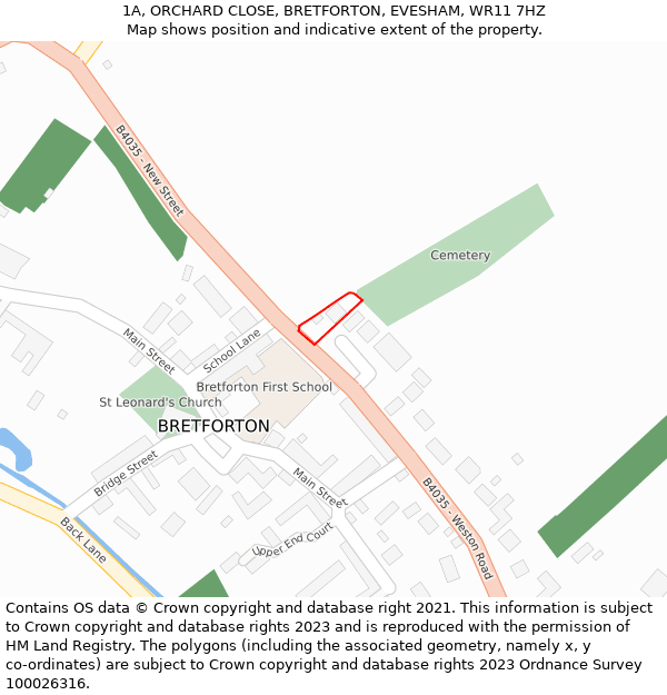 1A, ORCHARD CLOSE, BRETFORTON, EVESHAM, WR11 7HZ: Location map and indicative extent of plot