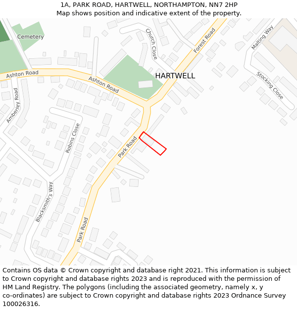 1A, PARK ROAD, HARTWELL, NORTHAMPTON, NN7 2HP: Location map and indicative extent of plot