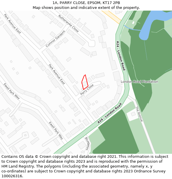 1A, PARRY CLOSE, EPSOM, KT17 2PB: Location map and indicative extent of plot