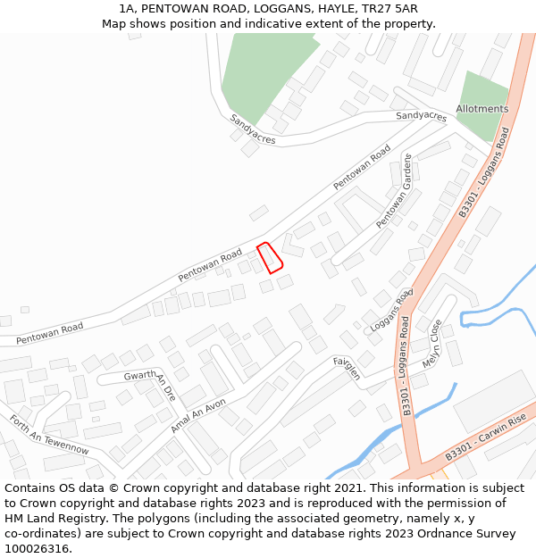 1A, PENTOWAN ROAD, LOGGANS, HAYLE, TR27 5AR: Location map and indicative extent of plot