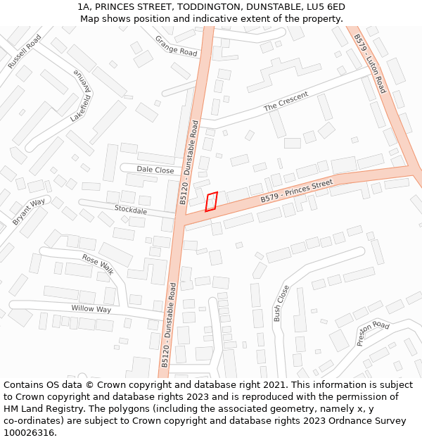 1A, PRINCES STREET, TODDINGTON, DUNSTABLE, LU5 6ED: Location map and indicative extent of plot