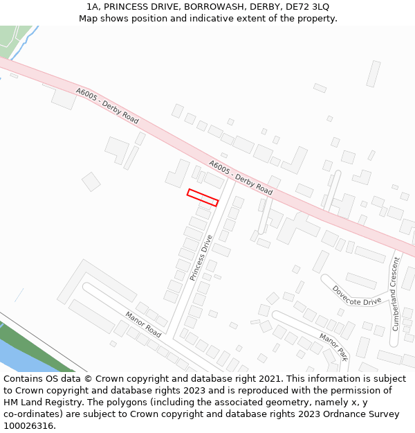 1A, PRINCESS DRIVE, BORROWASH, DERBY, DE72 3LQ: Location map and indicative extent of plot