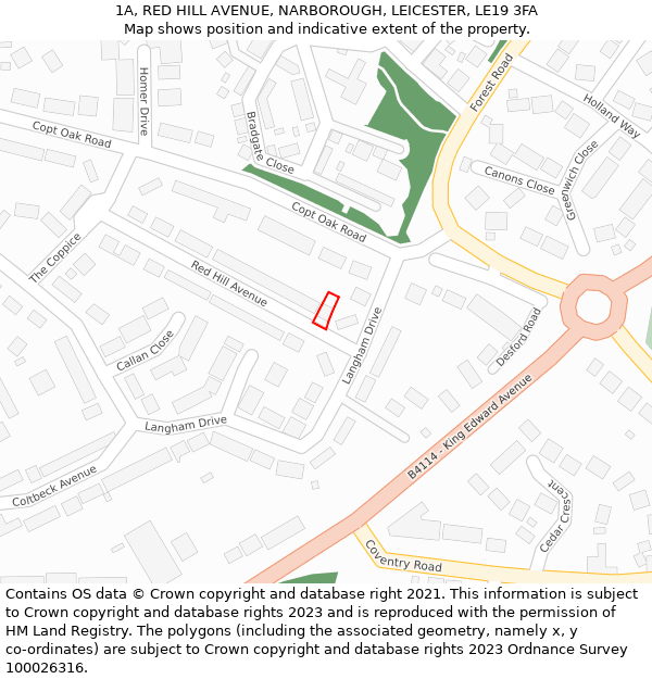 1A, RED HILL AVENUE, NARBOROUGH, LEICESTER, LE19 3FA: Location map and indicative extent of plot