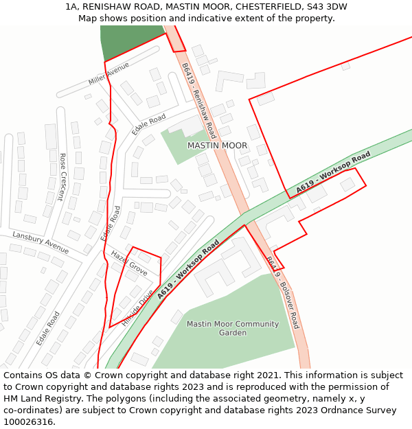 1A, RENISHAW ROAD, MASTIN MOOR, CHESTERFIELD, S43 3DW: Location map and indicative extent of plot