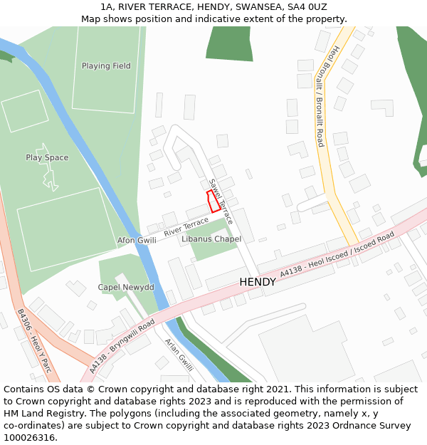 1A, RIVER TERRACE, HENDY, SWANSEA, SA4 0UZ: Location map and indicative extent of plot