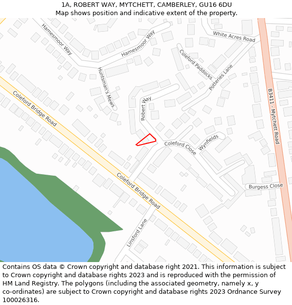 1A, ROBERT WAY, MYTCHETT, CAMBERLEY, GU16 6DU: Location map and indicative extent of plot