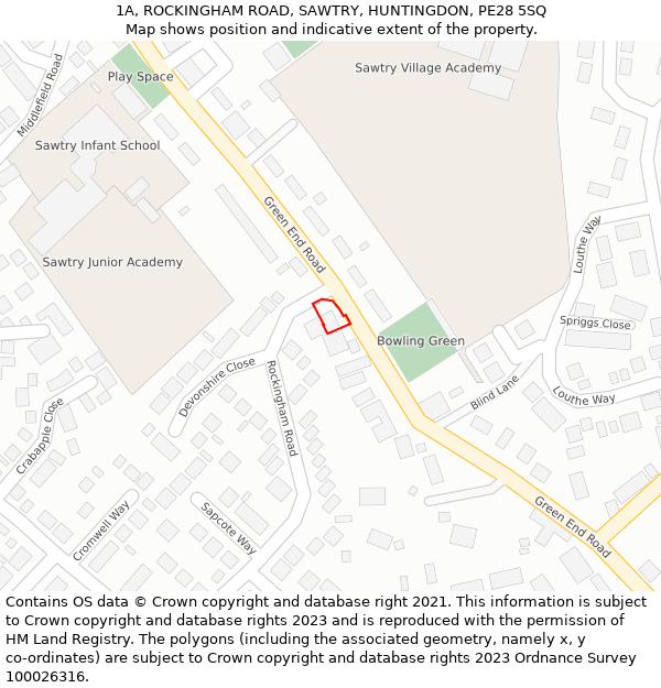 1A, ROCKINGHAM ROAD, SAWTRY, HUNTINGDON, PE28 5SQ: Location map and indicative extent of plot