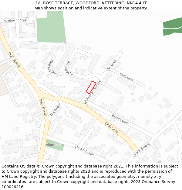 1A, ROSE TERRACE, WOODFORD, KETTERING, NN14 4HT: Location map and indicative extent of plot